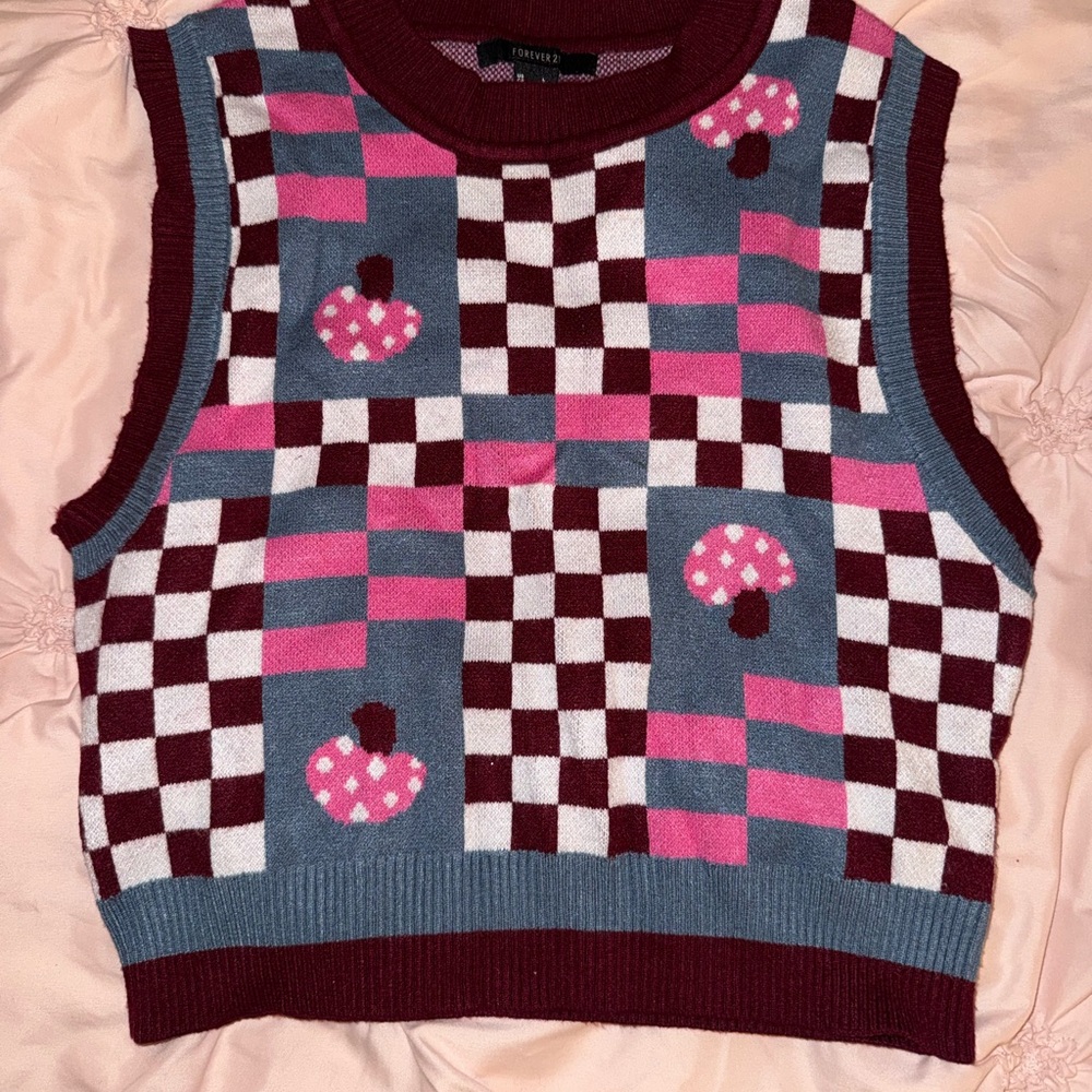 Forever 21 Pink and Blue Checkered Sweater Vest